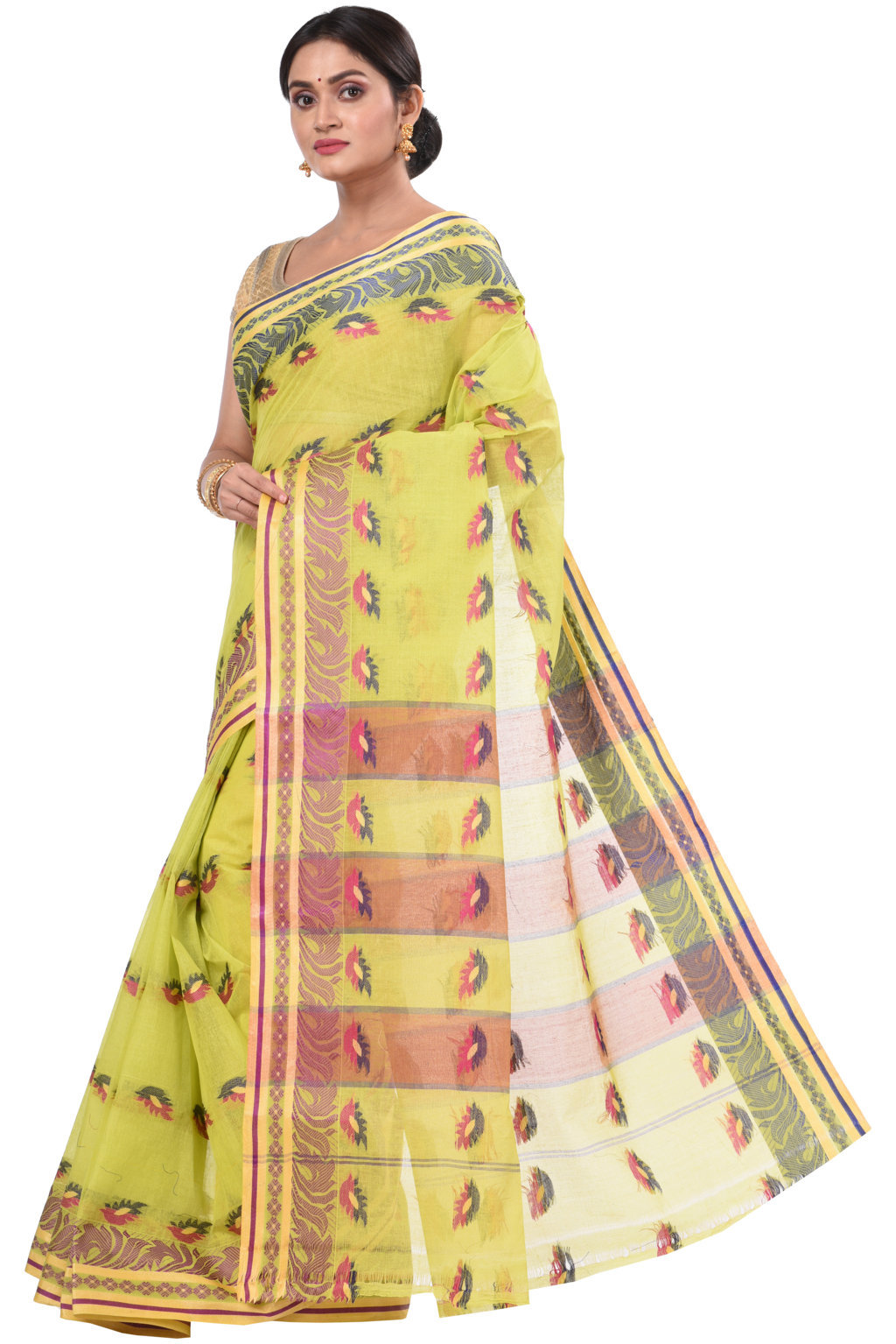 Green Pure Cotton PataButi Tant Saree (524)